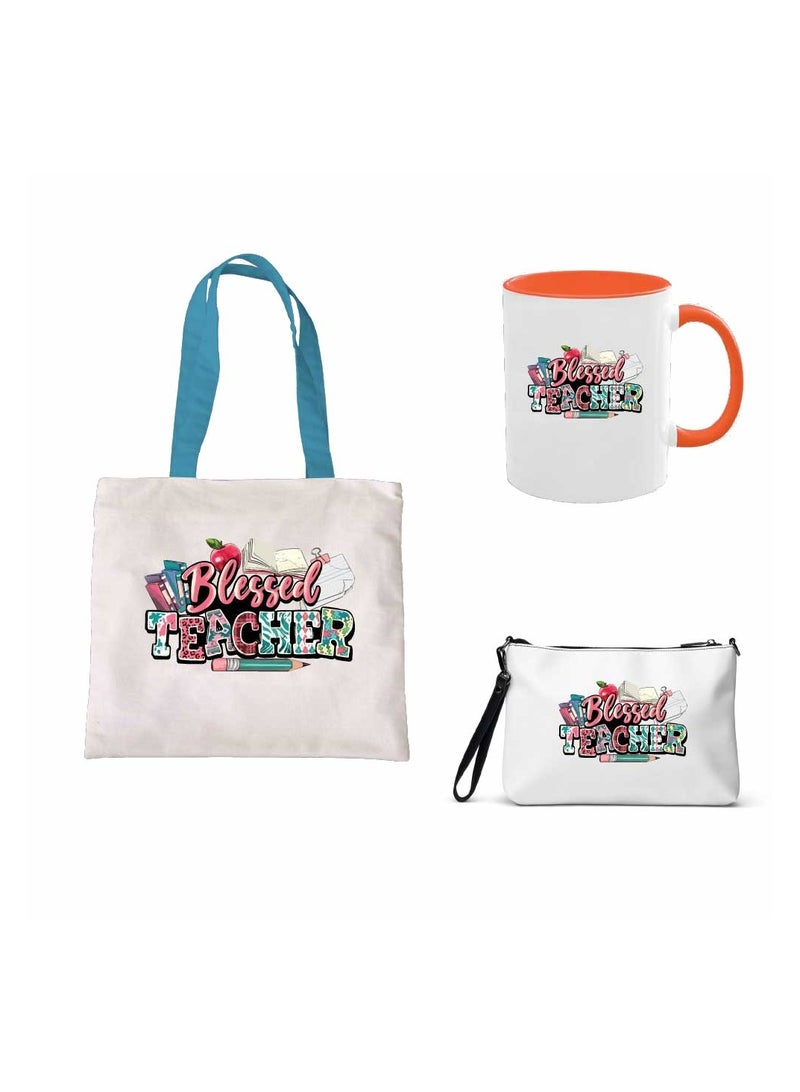 PRINTSHOP4ME Teacher's Day Combo Blue Handled Cotton Bag - Two Tone Orange Mugs and Cosmetic Pouch - Teacher's Day Stylish Gift Combo Set from Students - Image 1