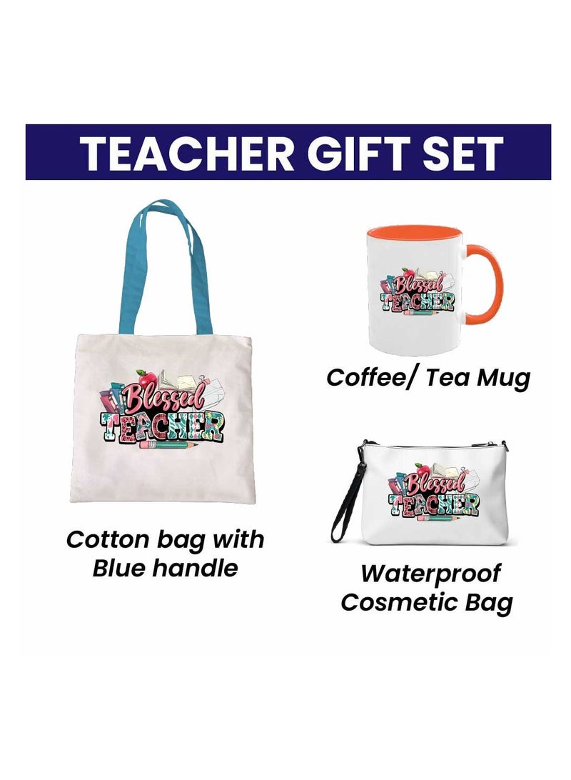 PRINTSHOP4ME Teacher's Day Combo Blue Handled Cotton Bag - Two Tone Orange Mugs and Cosmetic Pouch - Teacher's Day Stylish Gift Combo Set from Students - Image 2