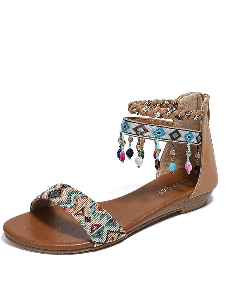 SIKETU 2025 New Handmade Beaded Zipper Ethnic Flat Bottom Roman Sandals - Image 1