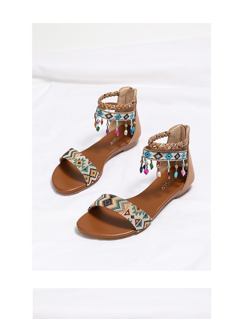 SIKETU 2025 New Handmade Beaded Zipper Ethnic Flat Bottom Roman Sandals - Image 2