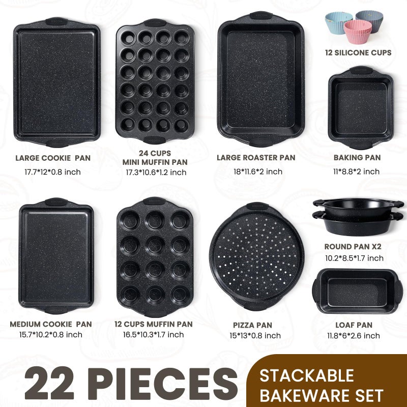 Kikcoin 22 PCS Nonstick Baking Pans Set, Stackable Bakeware Sets with Silicone Handles, 450Â°F Oven Safe Baking Sheet set, Easy Release Cookie Sheets for Baking, Black - Image 2
