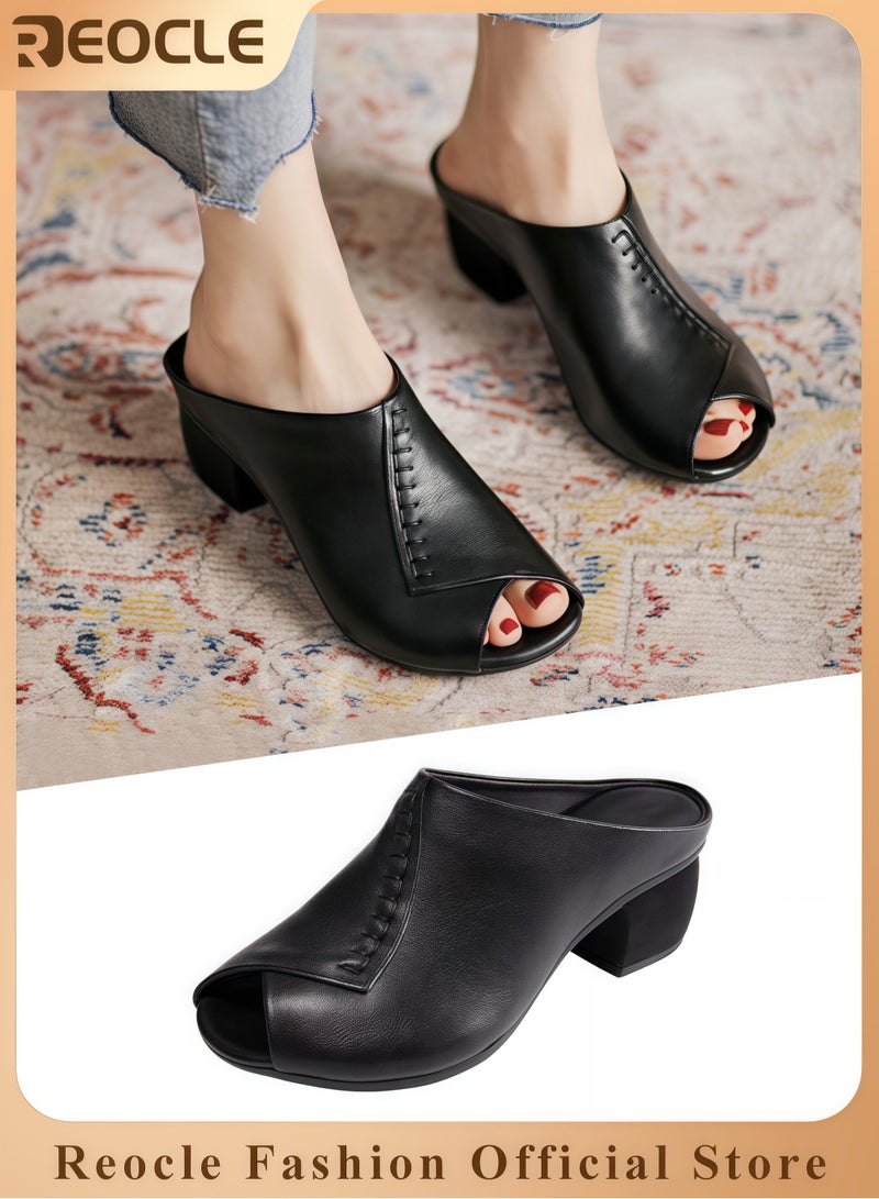 ريوكل صنادل نسائية بكعب خشن بكعب إسفين مفتوح من الأمام صنادل بكعب متوسط الكعب مريحة صنادل ريترو بسيطة - Image 1