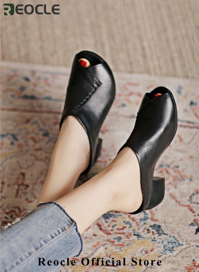 ريوكل صنادل نسائية بكعب خشن بكعب إسفين مفتوح من الأمام صنادل بكعب متوسط الكعب مريحة صنادل ريترو بسيطة - Image 4