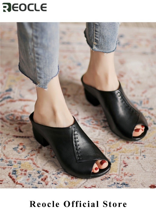 ريوكل صنادل نسائية بكعب خشن بكعب إسفين مفتوح من الأمام صنادل بكعب متوسط الكعب مريحة صنادل ريترو بسيطة - Image 3