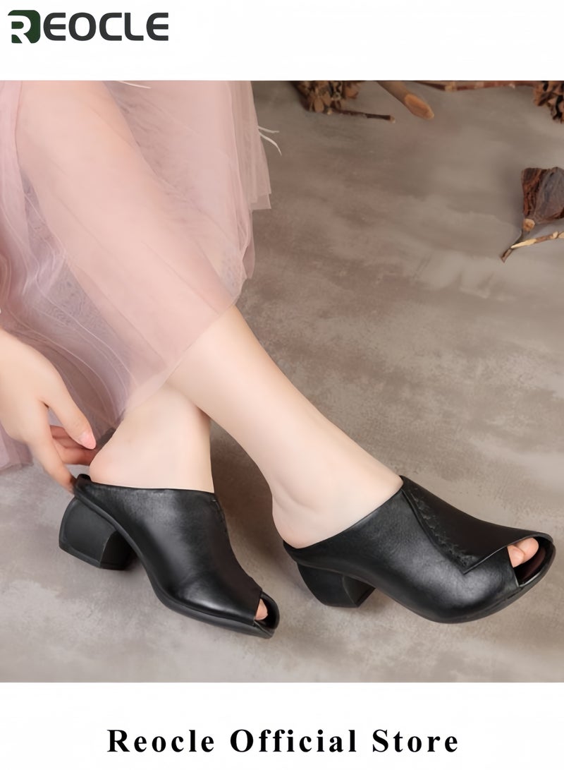 ريوكل صنادل نسائية بكعب خشن بكعب إسفين مفتوح من الأمام صنادل بكعب متوسط الكعب مريحة صنادل ريترو بسيطة - Image 2