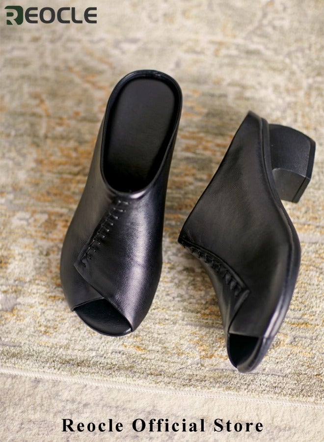 ريوكل صنادل نسائية بكعب خشن بكعب إسفين مفتوح من الأمام صنادل بكعب متوسط الكعب مريحة صنادل ريترو بسيطة - Image 5