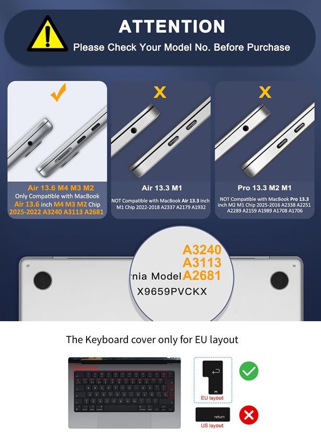 SJet Case Compatible with MacBook Air 13.6 inch Case 2025 2024 2023 2022 M4 A3240 M3 A3113 M2 A2681 Plastic Hard Shell + Keyboard Skin Cover for MacBook Air 13.6 inch Case, Black EU Layout - Image 2