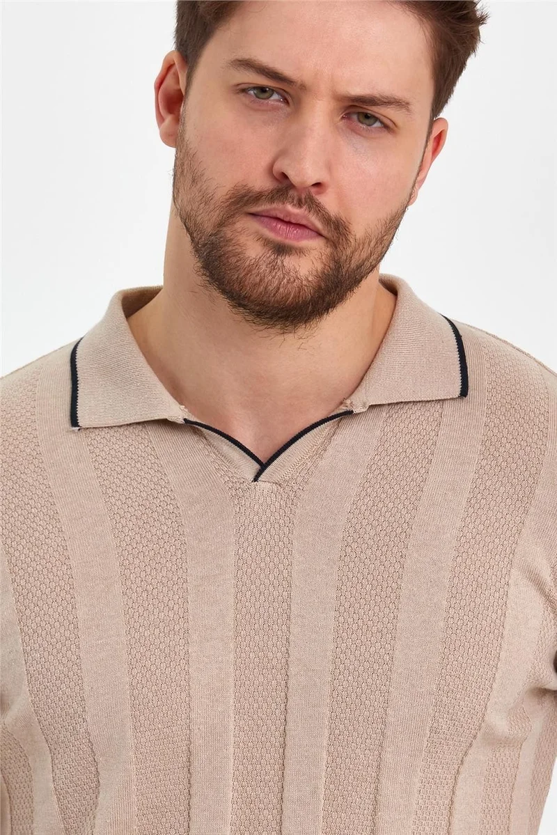 كوول تارز Cool Style Stone Men's Polo Collar Striped Knitwear T-SHIRT-TRZ19109R04S