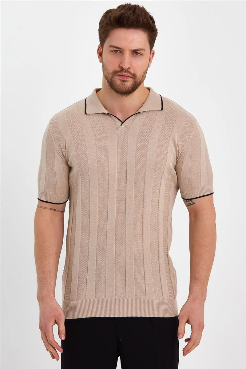كوول تارز Cool Style Stone Men's Polo Collar Striped Knitwear T-SHIRT-TRZ19109R04S