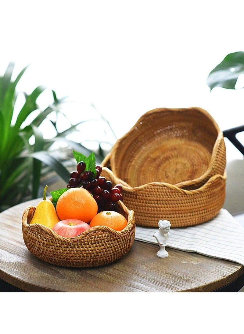 Hand-woven Basket, Handmade Rattan Round Fruit Basket Round Serving Tray Fruit Bowl, Bread Basket, Food Storage Bowl, Snack Serving Bowl Boho Home Décor Display Tray (8.7 Inch)  - Image 3
