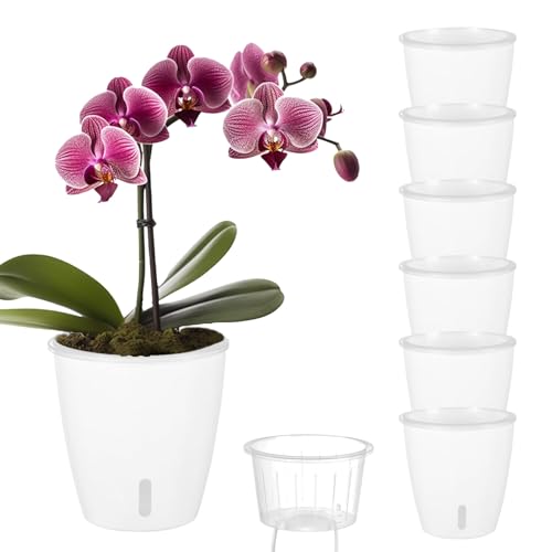KvyusFlourish Self Watering Pots for Indoor Plants, 6-Pack 5'' Self Watering Planter with Drainage Holes, Small African Violet Pots with Water Indicator, Clear Wick Orchid Pot, White - Image 1