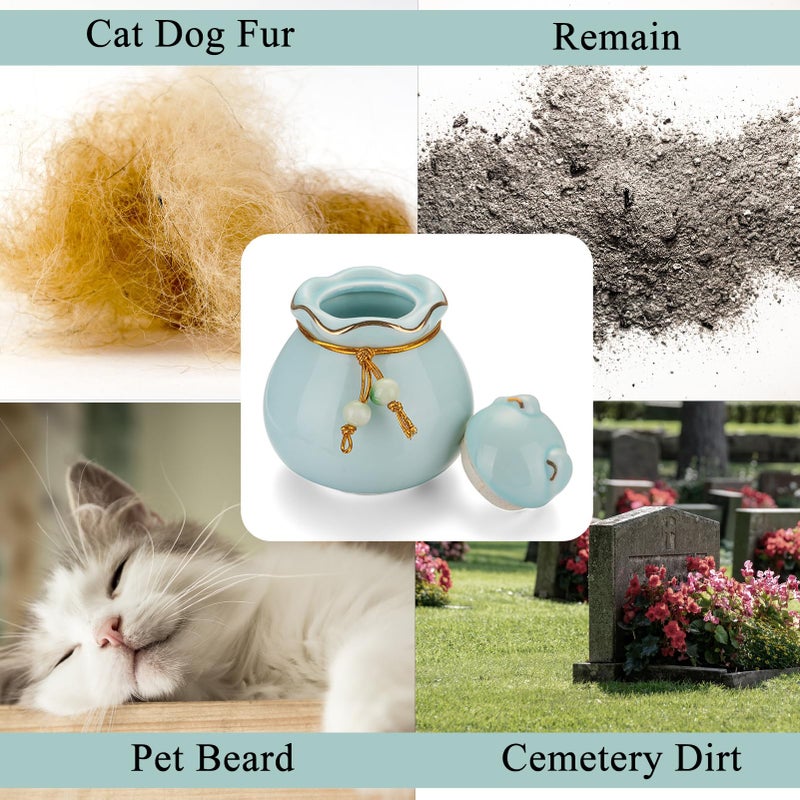 SOITIS Pet Memorial Urn for Cat or Dog Ashes - 3.54"x3.15" Elegant Ceramic Keepsake with Pet-Shaped Lid & Gold Trim, Small Blue Urn for Pet Ashes - Image 3