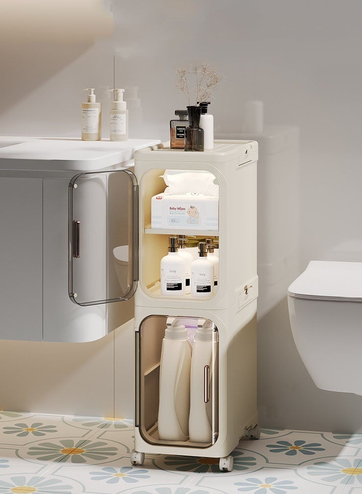 Monda Bathroom Cabinet Foldable Floor, Waterproof Storage Cabinets, Freestanding Storage Cupboard With Tissue Drawers and Wheels, for Bedroom, Laundry Room, Bathroom, 67 x21 x34 cm, Beige - Image 2