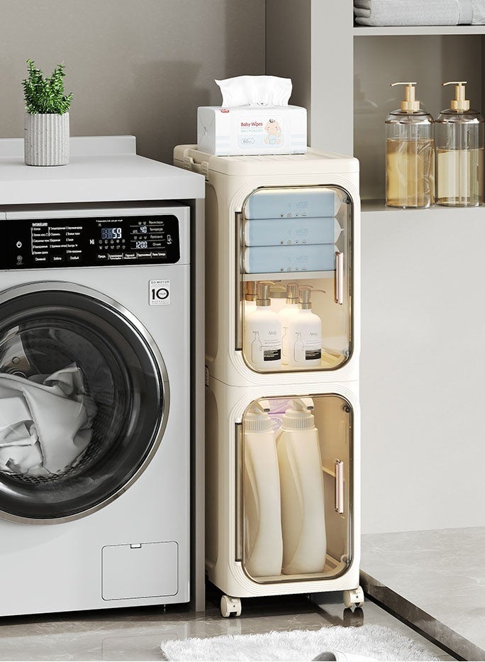 Monda Bathroom Cabinet Foldable Floor, Waterproof Storage Cabinets, Freestanding Storage Cupboard With Tissue Drawers and Wheels, for Bedroom, Laundry Room, Bathroom, 67 x21 x34 cm, Beige - Image 1