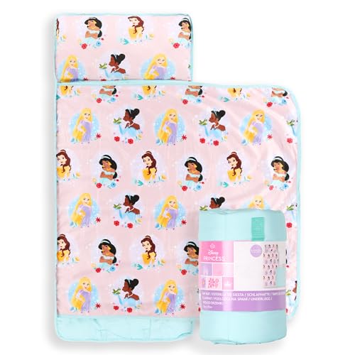 Jay Franco Kids Nap Mat Cartoon Embedded Pillow Blanket Soft 46x20Microfiber Sleeping Bag with Name Tag Handle for School Travel Sleepover Pink Disney Princess - Image 1