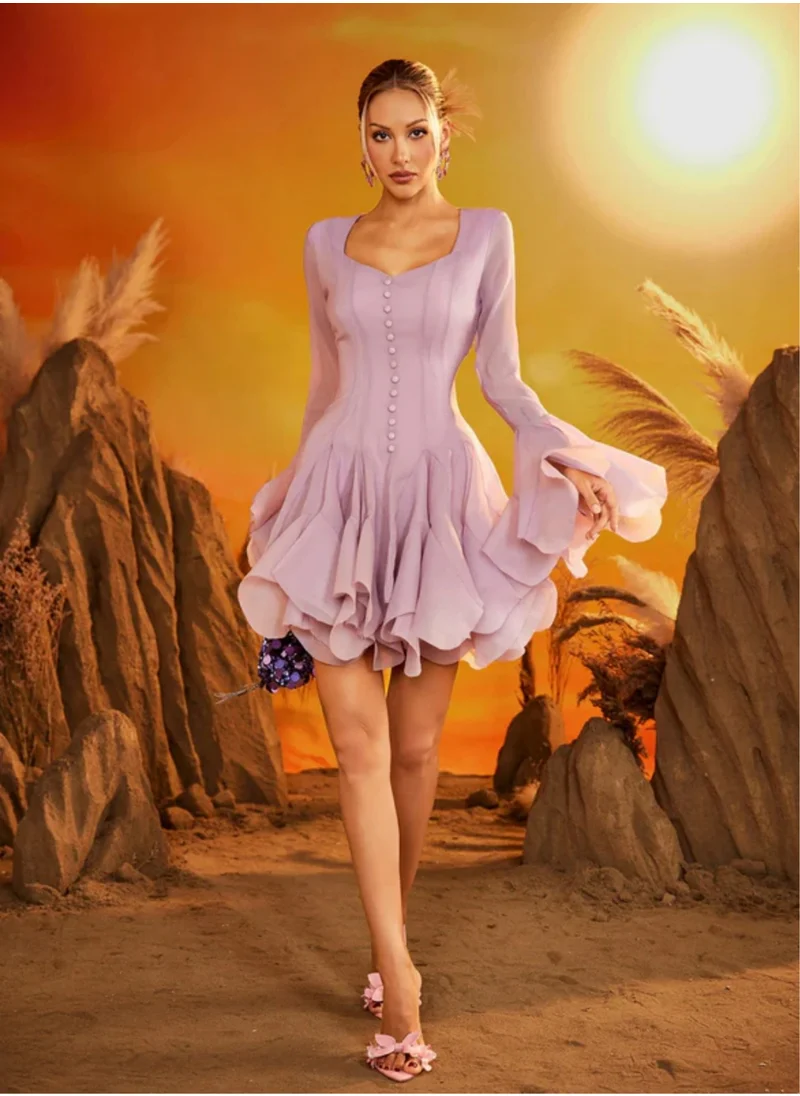 Madam Uniq Single-Breasted Square Neck Ruffled Flare Sleeve Dress