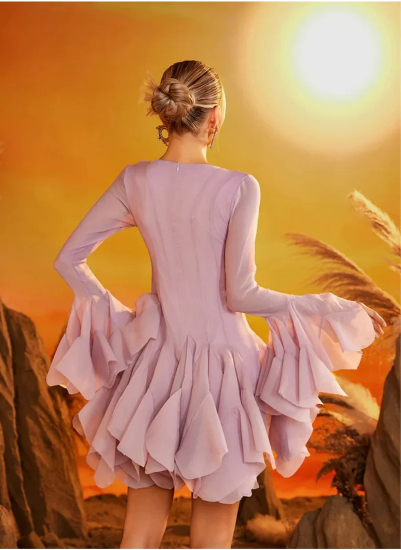 Madam Uniq Single-Breasted Square Neck Ruffled Flare Sleeve Dress