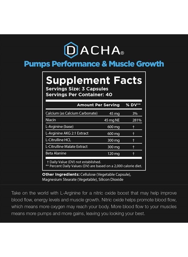 DACHA Premium L Arginine Pills 1920 MG - 120 VCAPS AAKG Nitric Oxide Precursor, L-Citrulline HCL, Beta Alanine, Essential Amino Acids for Energy, Muscle Growth, Heart Health, Vascularity & Stamina  - Image 4