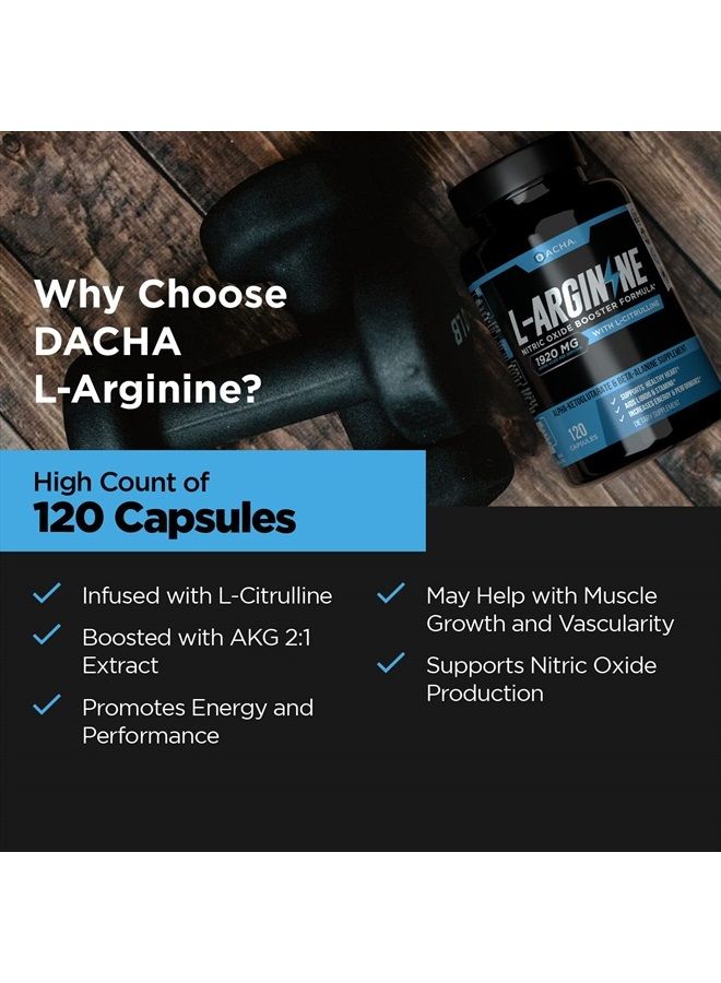 DACHA Premium L Arginine Pills 1920 MG - 120 VCAPS AAKG Nitric Oxide Precursor, L-Citrulline HCL, Beta Alanine, Essential Amino Acids for Energy, Muscle Growth, Heart Health, Vascularity & Stamina  - Image 3