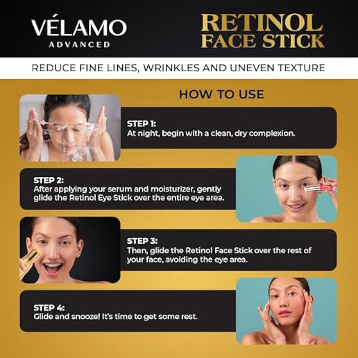 VELAMO ADVANCED Retinol Face Stick: Reduce Fine Lines Wrinkles and Uneven Texture - Retinol Cream for Face Anti Wrinkle Anti Aging - 0.28 OZ/8g - Image 5