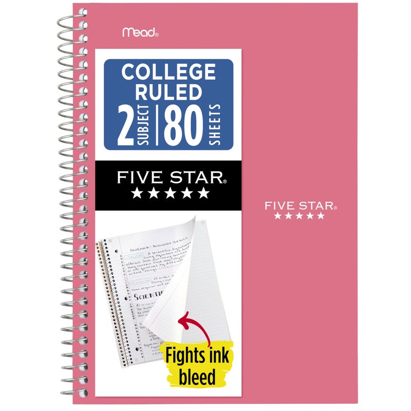 Five Star Spiral Notebook, 2 Subject, College Ruled Paper, 6" x 9-1/2", 80 Sheets, Fights Ink Bleed, Water Resistant Cover, Prom Pink (840029R) - Image 1