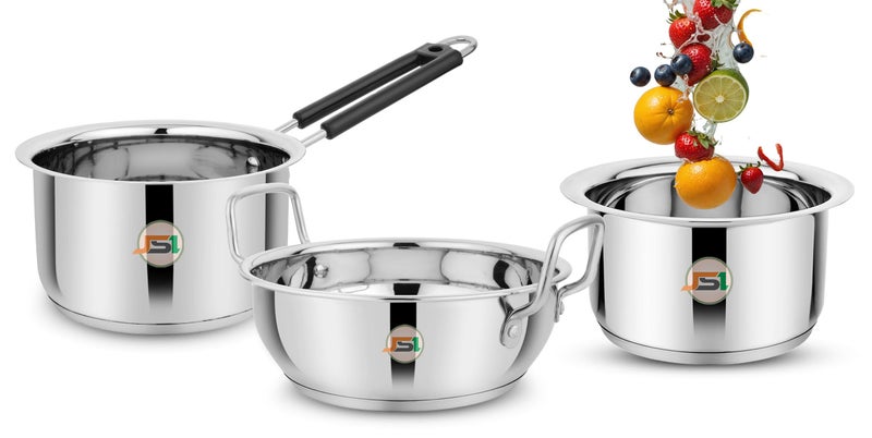 JSI مجموعة أواني الطهي من JSI من الفولاذ المقاوم للصدأ ذات القاعدة الثلاثية الثقيلة - 3 قطع لمطبخك - وعاء/مقلاة ذات قاعدة تحريض - متينة وآمنة للطعام (1600 مل، 1600 مل، 2000 مل) - Image 1