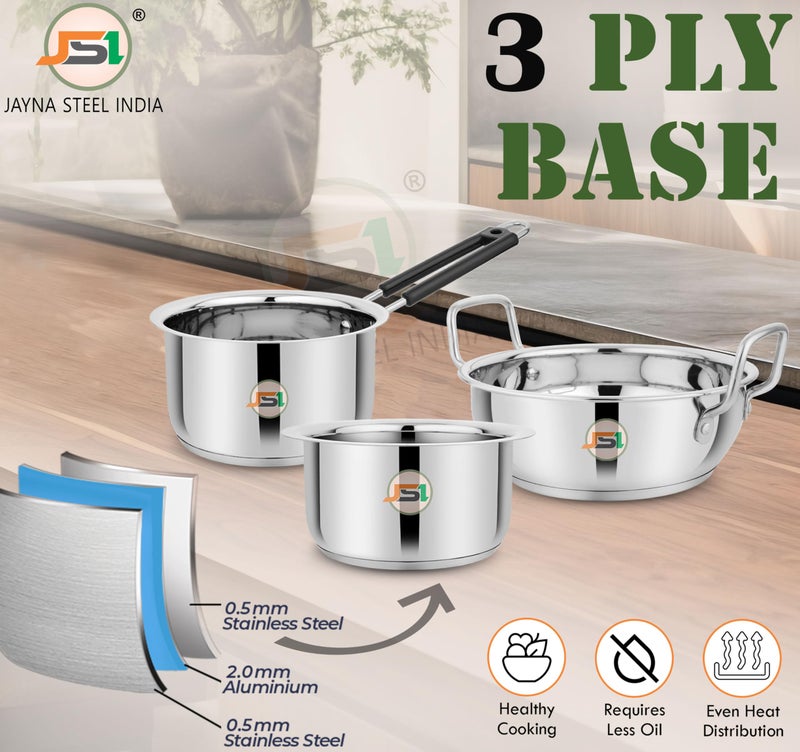 JSI مجموعة أواني الطهي من JSI من الفولاذ المقاوم للصدأ ذات القاعدة الثلاثية الثقيلة - 3 قطع لمطبخك - وعاء/مقلاة ذات قاعدة تحريض - متينة وآمنة للطعام (1600 مل، 1600 مل، 2000 مل) - Image 2