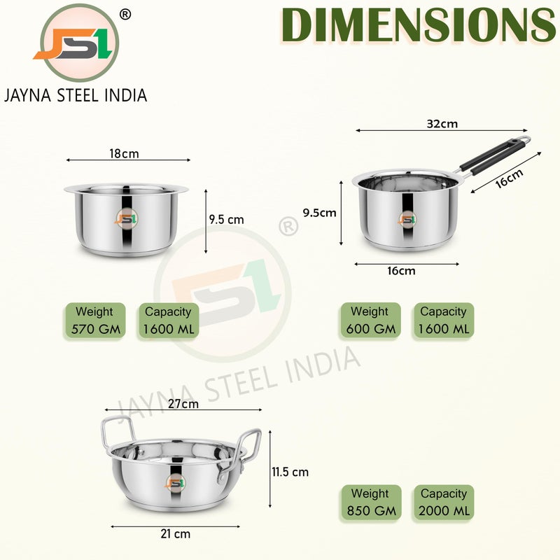 JSI مجموعة أواني الطهي من JSI من الفولاذ المقاوم للصدأ ذات القاعدة الثلاثية الثقيلة - 3 قطع لمطبخك - وعاء/مقلاة ذات قاعدة تحريض - متينة وآمنة للطعام (1600 مل، 1600 مل، 2000 مل) - Image 3
