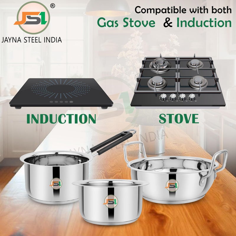 JSI مجموعة أواني الطهي من JSI من الفولاذ المقاوم للصدأ ذات القاعدة الثلاثية الثقيلة - 3 قطع لمطبخك - وعاء/مقلاة ذات قاعدة تحريض - متينة وآمنة للطعام (1600 مل، 1600 مل، 2000 مل) - Image 4