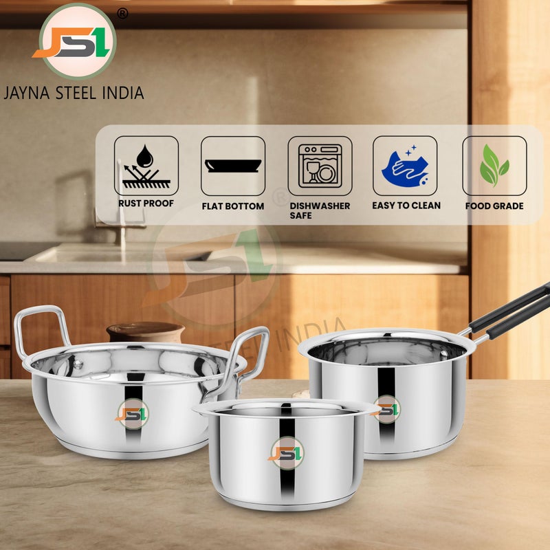 JSI مجموعة أواني الطهي من JSI من الفولاذ المقاوم للصدأ ذات القاعدة الثلاثية الثقيلة - 3 قطع لمطبخك - وعاء/مقلاة ذات قاعدة تحريض - متينة وآمنة للطعام (1600 مل، 1600 مل، 2000 مل) - Image 5