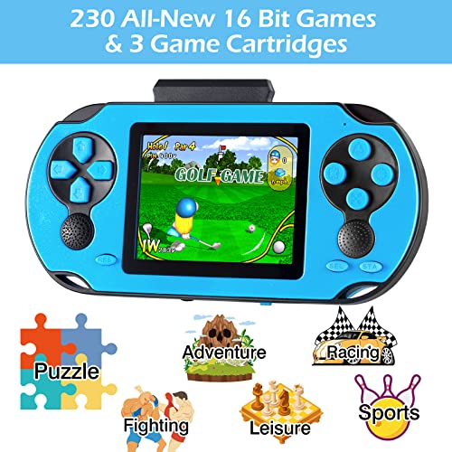 TaddToy 16 Bit Handheld Game for Kids Adults 30 Large Screen Preloaded 230 HD Classic Retro Video Games with USB Rechargeable Battery 3 Game Cartridges for Birthday Gift for Kids 412 Blue - Image 5
