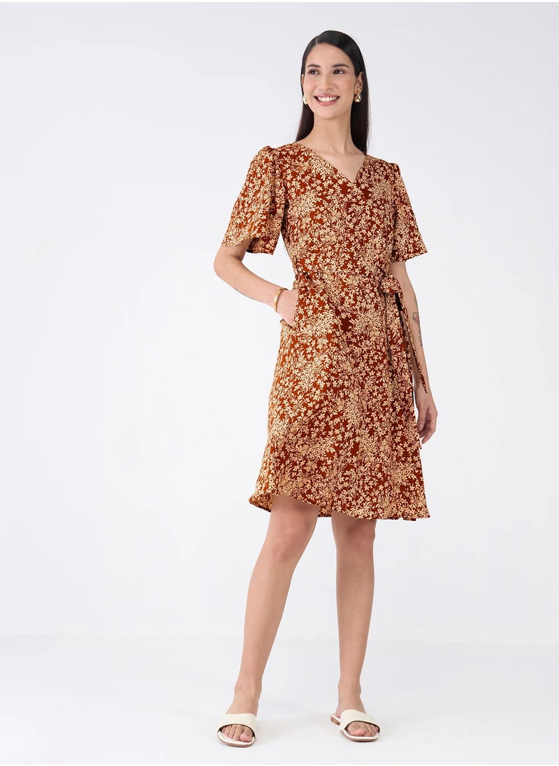 Salt Attire Women's  Elegant Floral Flutter Sleeve Dress in Brown Floral Print with V-Neckline - Perfect for Any Occasion and Machine Washable for Effortless Style and Easy Care  - Image 1
