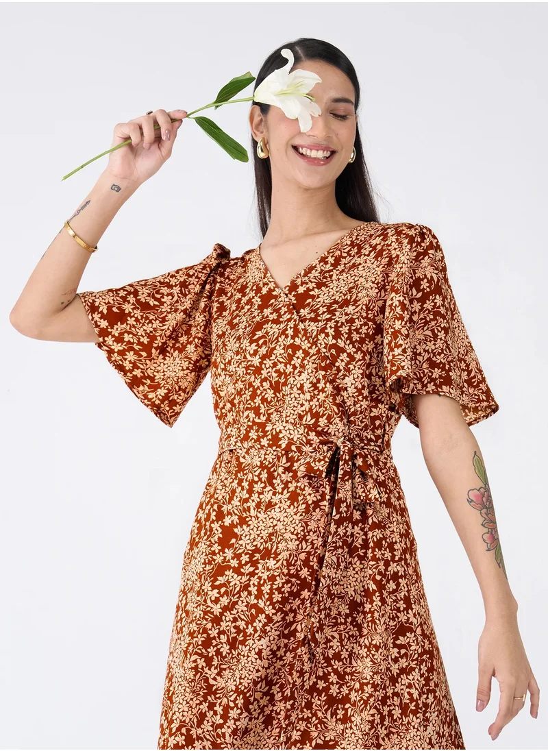 Salt Attire Women's  Elegant Floral Flutter Sleeve Dress in Brown Floral Print with V-Neckline - Perfect for Any Occasion and Machine Washable for Effortless Style and Easy Care