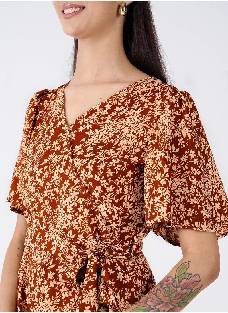 Salt Attire Women's  Elegant Floral Flutter Sleeve Dress in Brown Floral Print with V-Neckline - Perfect for Any Occasion and Machine Washable for Effortless Style and Easy Care  - Image 4
