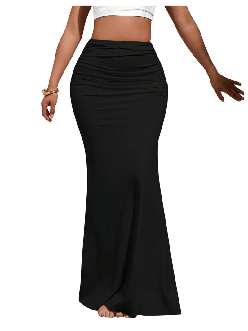 Verdusa Women's Ruched Fishtail Maxi Skirt Elastic High Waisted Long Bodycon Skirts Black Medium - Image 1