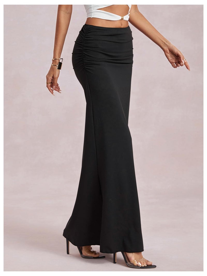 Verdusa Women's Ruched Fishtail Maxi Skirt Elastic High Waisted Long Bodycon Skirts Black Medium - Image 3