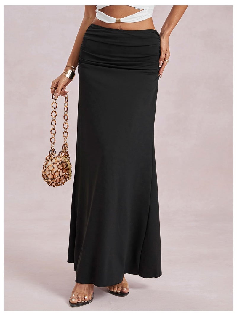 Verdusa Women's Ruched Fishtail Maxi Skirt Elastic High Waisted Long Bodycon Skirts Black Medium - Image 4