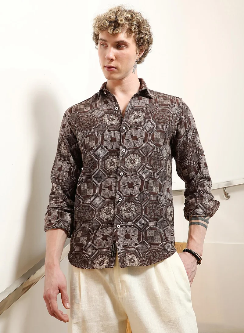 Campus Sutra Men's Geometric Pattern Cotton Blend Full Sleeve Shirt