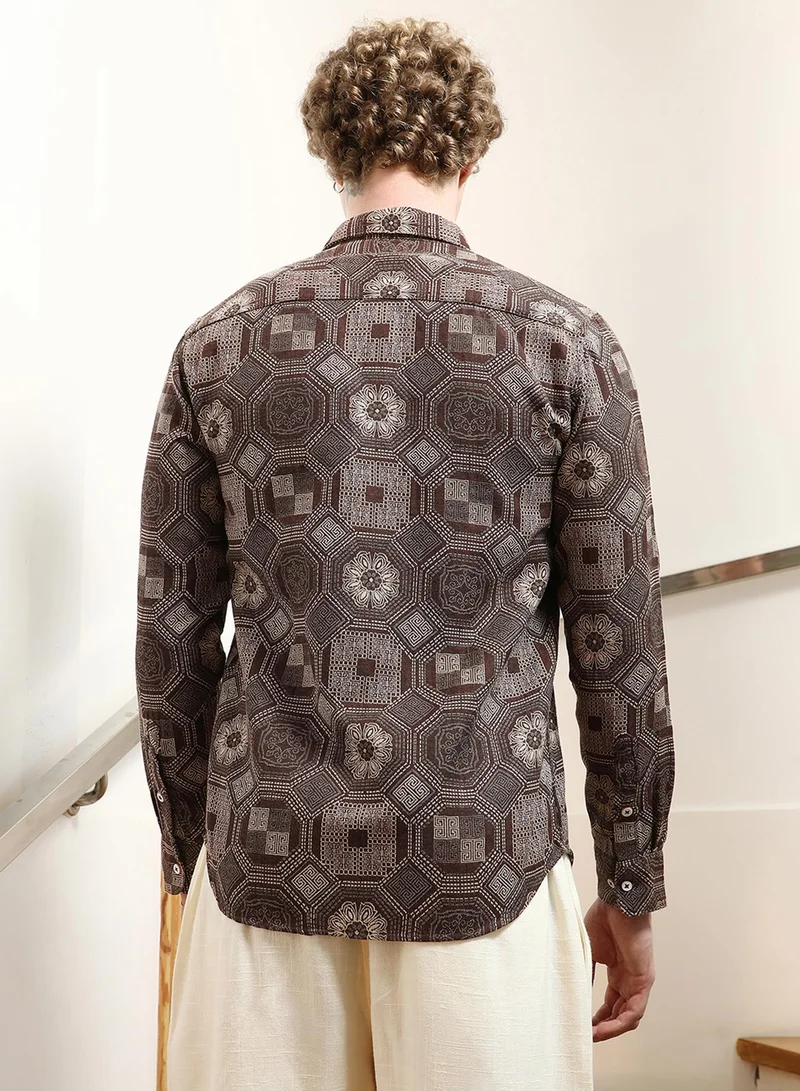 Campus Sutra Men's Geometric Pattern Cotton Blend Full Sleeve Shirt