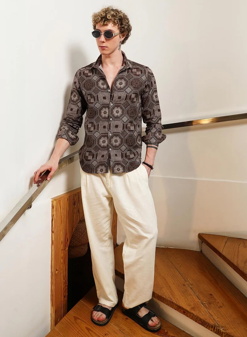 Campus Sutra Men's Geometric Pattern Cotton Blend Full Sleeve Shirt