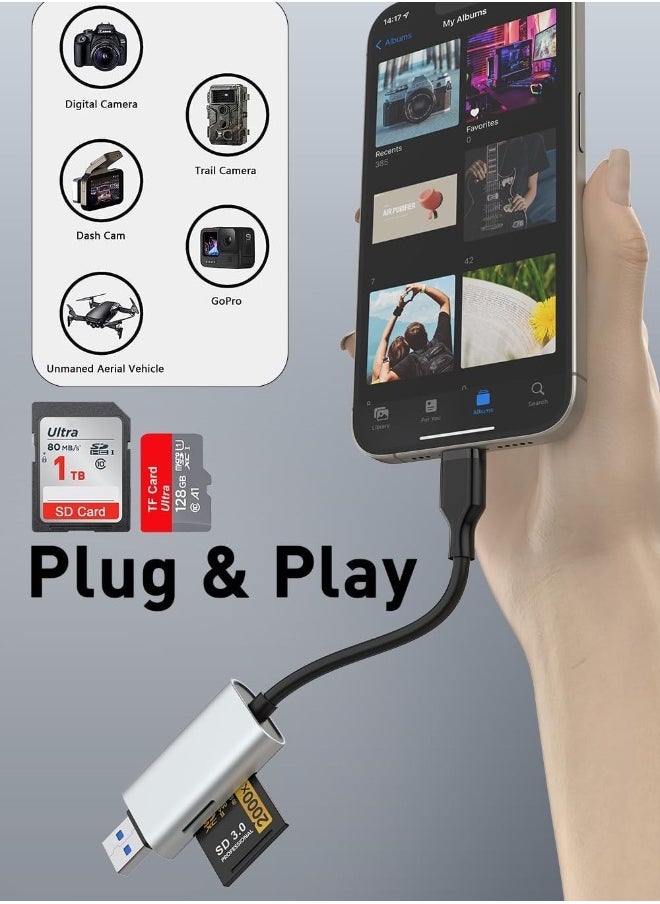 ماركة غير محددة - قارئ بطاقة SD، ذاكرة ميكرو SD/TF مع منفذ USB C ومنفذ USB 3.0 مزدوج لقراءة سريعة في نفس الوقت، متوافق مع الكمبيوتر PC ماك بوك برو/Air، آيفون 15/15 برو/برو ماكس آيباد برو سامسونج - Image 1