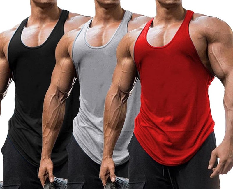 THE BLAZZE Men's Tank Tops Muscle Gym Bodybuilding Vest Fitness Workout Train Stringers L2629 0001 (XS, BLK_Gry_RED) - Image 3