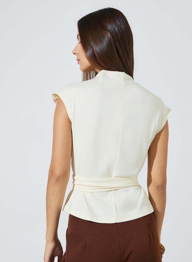 Styli Beige Solid Gathered Details Sleeveless Wrap Top - Image 4