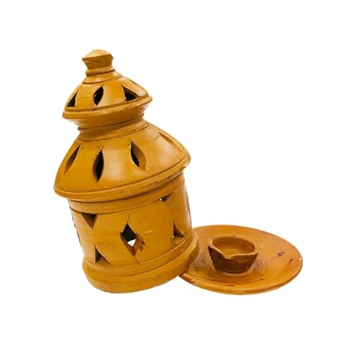 SHOPMEFAST Terracotta Earthenware Diya with Lid, Handcrafted Decorative Jaali/Jharokha Diwali Diya for Home Decoration (Size : 5x7 Inches, Natural) - Image 2
