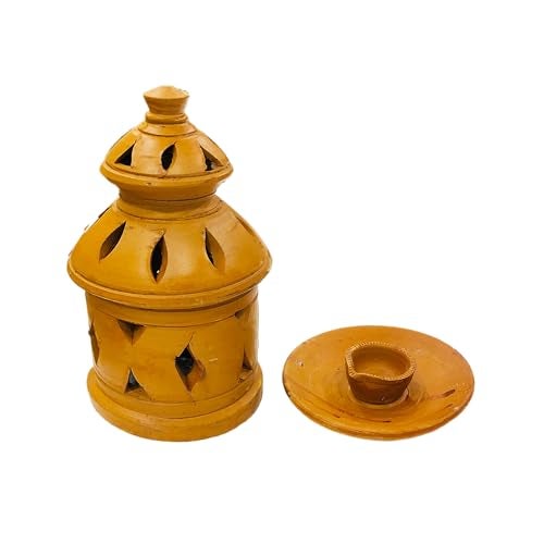 SHOPMEFAST Terracotta Earthenware Diya with Lid, Handcrafted Decorative Jaali/Jharokha Diwali Diya for Home Decoration (Size : 5x7 Inches, Natural) - Image 4