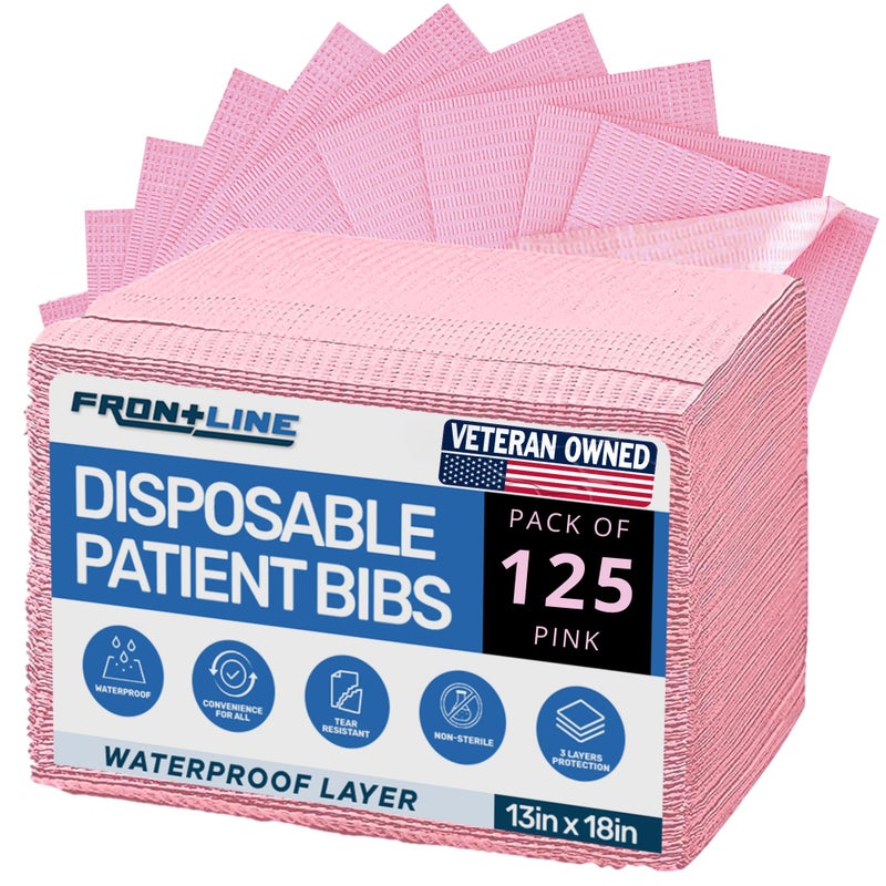 Frontline Disposable Dental Bibs Pack of 125 13x 18 3 Ply Waterproof Tattoo Supplies Cover for Patients Dentist Esthetician Supplies Tray Cover Nail Table Cover Eyelash Supplies Pink - Image 2