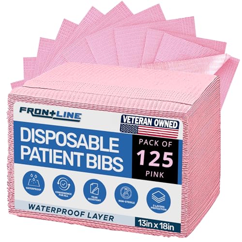 Frontline Disposable Dental Bibs Pack of 125 13x 18 3 Ply Waterproof Tattoo Supplies Cover for Patients Dentist Esthetician Supplies Tray Cover Nail Table Cover Eyelash Supplies Pink - Image 1