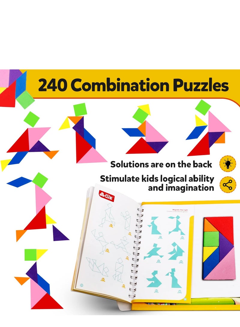 Travel Tangram Puzzle with 2 Magnetic Plate Sets - Montessori Shape Pattern Blocks Jigsaw for Road Trips with 240 Solutions - Educational Brain Teaser Gift for Kids and Adults - Image 3