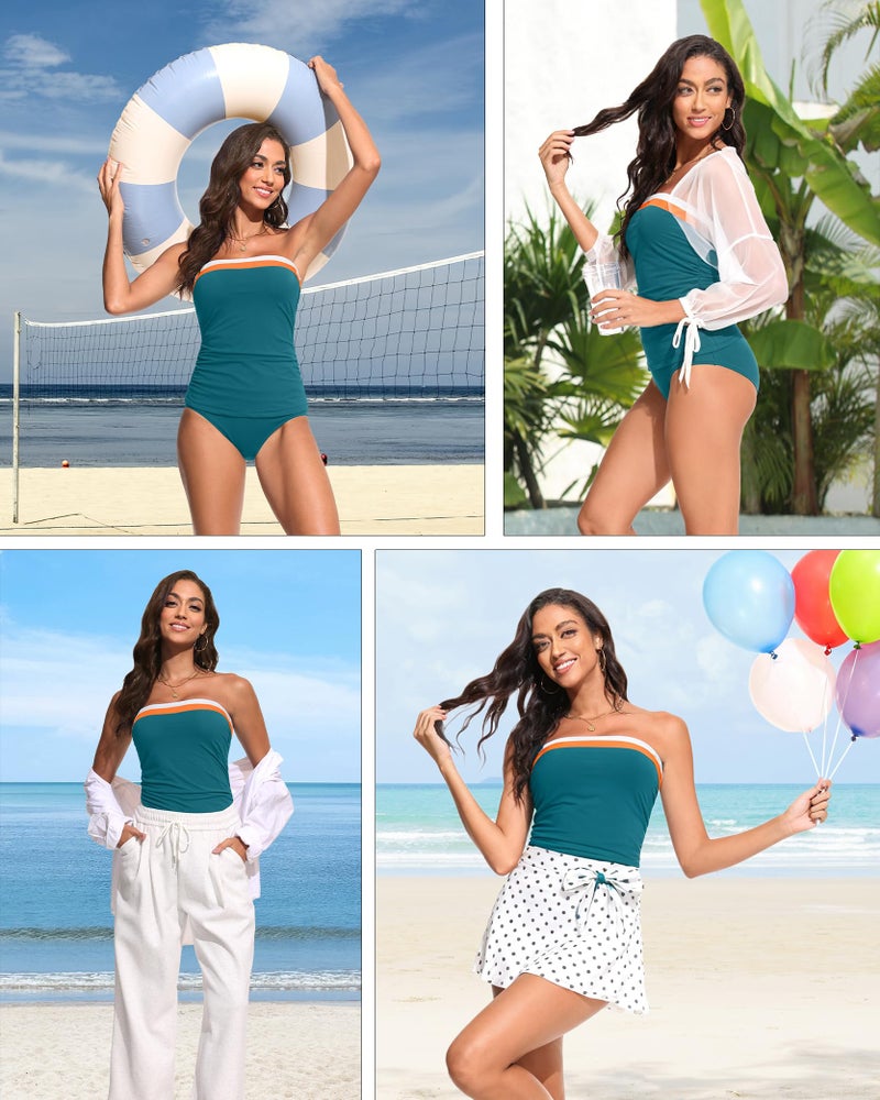 Daci Teal and Orange Bandeau Tankini Swimsuits for Women - Two Piece Ruched Tummy Control Bathing Suit Strapless Swimwear with Bottom L - Image 2