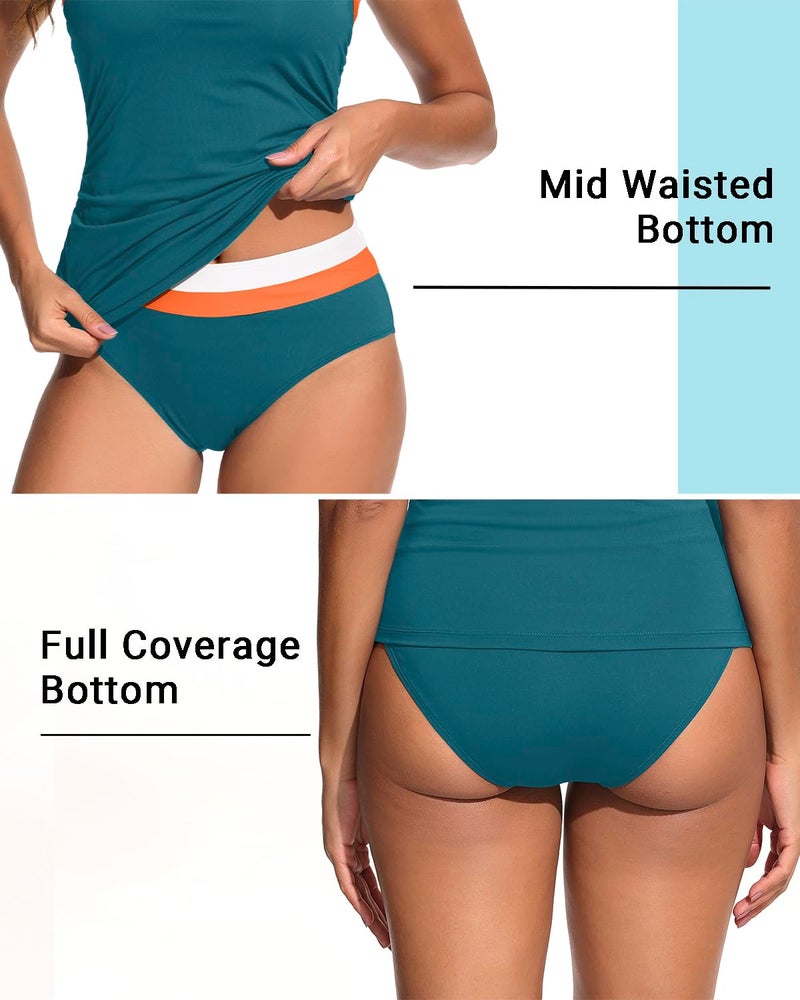 Daci Teal and Orange Bandeau Tankini Swimsuits for Women - Two Piece Ruched Tummy Control Bathing Suit Strapless Swimwear with Bottom L - Image 5